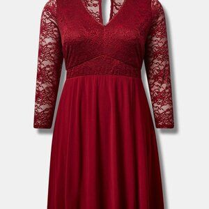 At The Knee Studio Knit Lace Sleeve Fit N Flare Dress